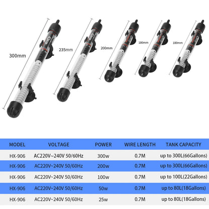 Submersible fish tank heater available in 25W, 50W, 100W, 200W, and 300W. This essential heating rod maintains a constant temperature for your aquarium.