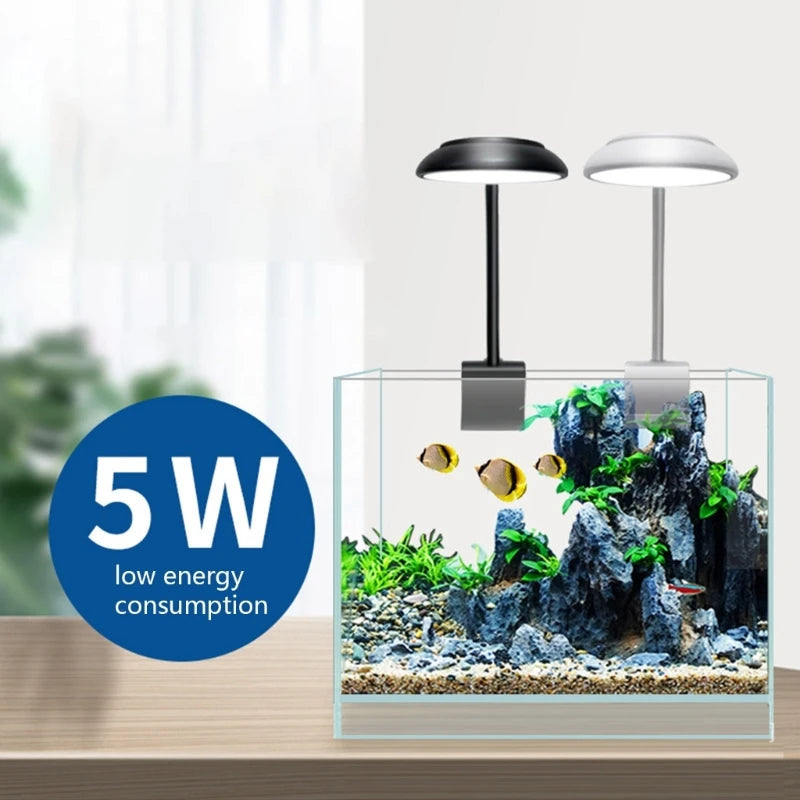 5W USB Fish Tank Clip Light with White and Blue LED Beads, featuring a clamp and 360-degree rotation.