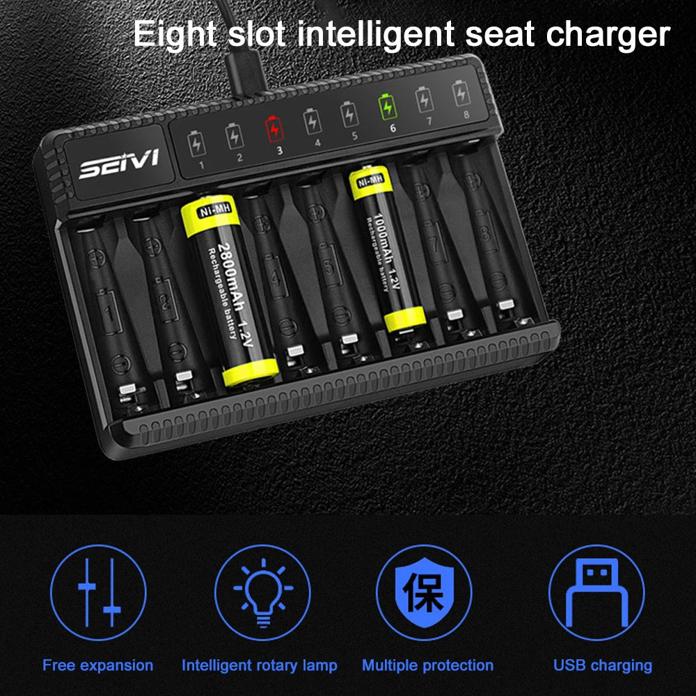 8 Slot Smart Battery Charger LED Display for AA/AAA NiMH Rechargeable Batteries