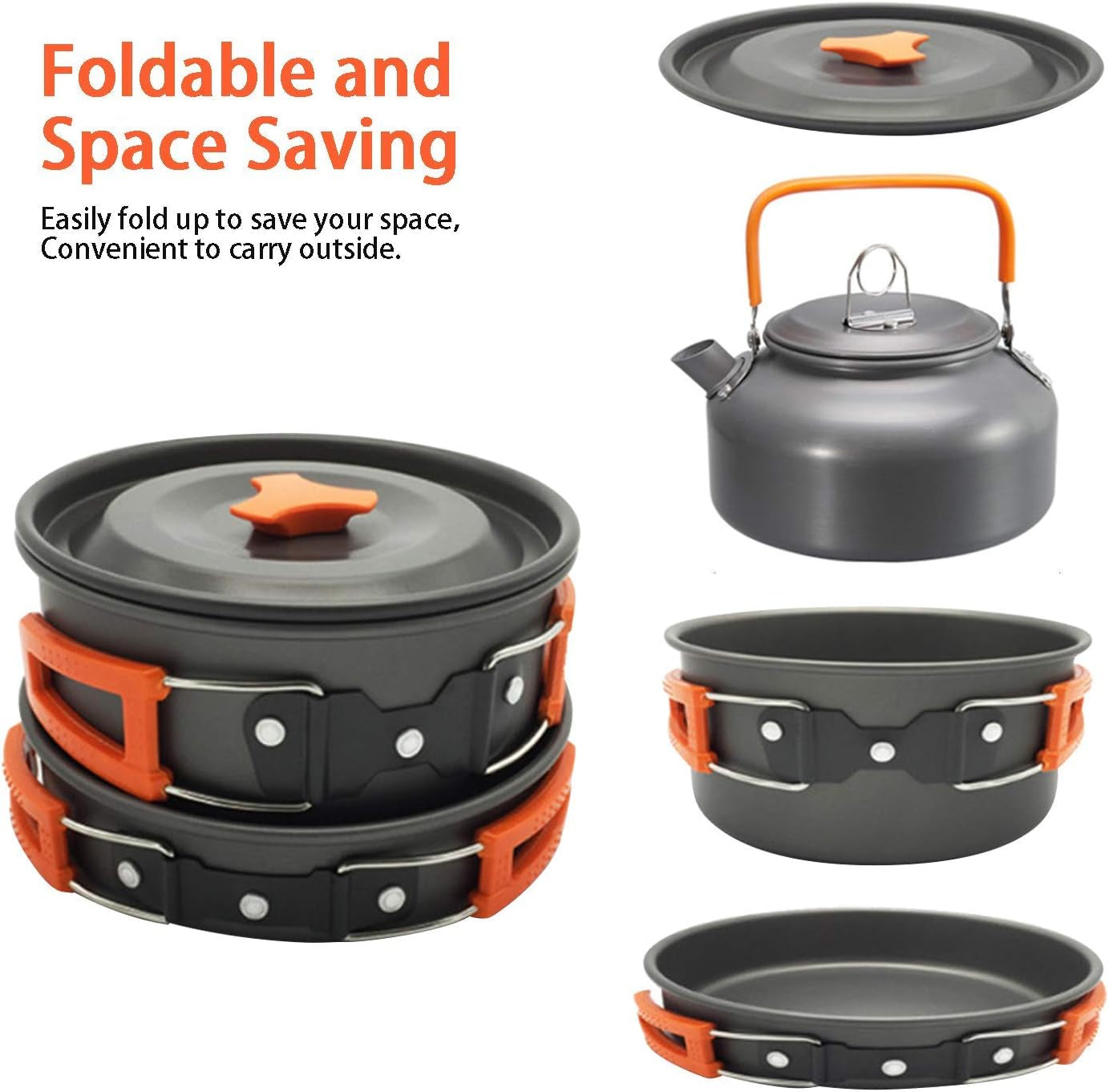 Camping Cookware Mess Kit, Camping Pot Pan and Kettle, Portable Outdoor Hiking Camping Cooking Set