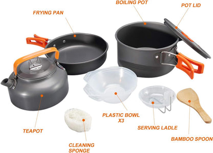 Camping Cookware Mess Kit, Camping Pot Pan and Kettle, Portable Outdoor Hiking Camping Cooking Set